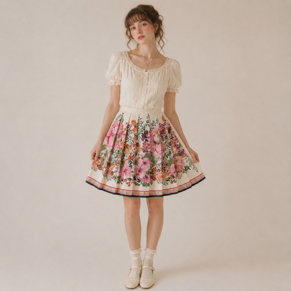 VTG Y2K Old Navy Pleated Satin Floral Skirt 6 Cream Multi Cottage Botanical Twee